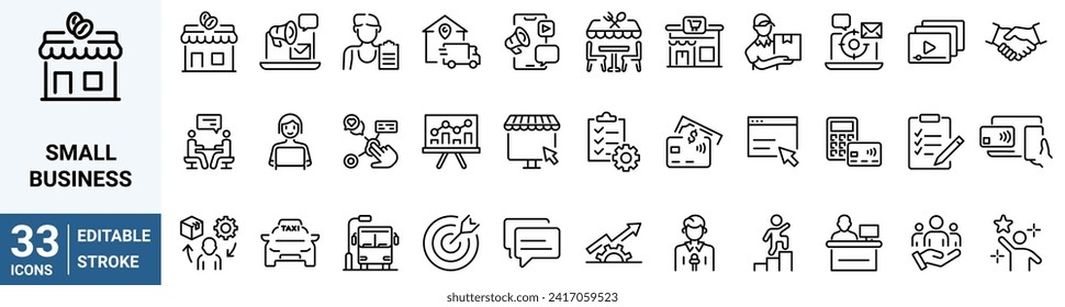 Small business line web icons. growth. Shop, Cafe, Social media. Editable stroke.