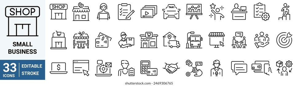 Small business line web icons. growth. Shop, Cafe, Social media. Editable stroke.