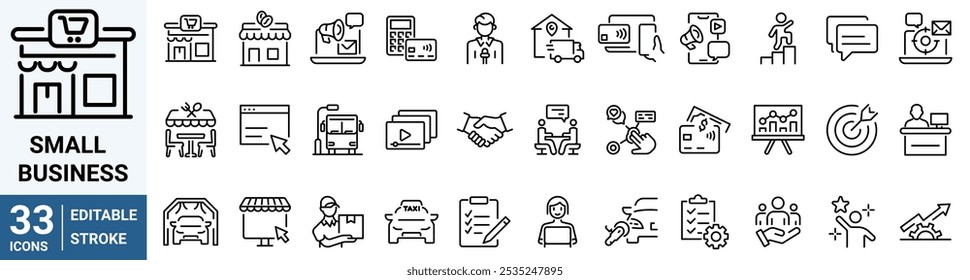 Ícones da Web do segmento de pequenas empresas. crescimento. Loja, Café, Mídias sociais. Traçado editável.