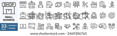 Small business line web icons. growth. Shop, Cafe, Social media. Editable stroke.