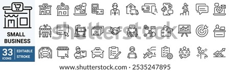 Small business line web icons. growth. Shop, Cafe, Social media. Editable stroke.