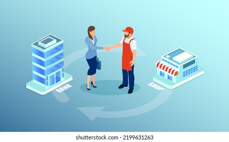 Small business loan concept. Vector of a shop owner being approved by the bank for financial support, credit line increase 