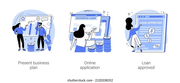 Small business loan isolated cartoon vector illustrations set. Present business plan, online application for startup capital, loan approval, credit score, debt agreement vector cartoon.