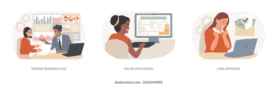 Small business loan isolated cartoon vector illustrations set. Present business plan, online application for startup capital, loan approval, credit score, debt agreement vector cartoon.