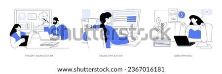 Small business loan isolated cartoon vector illustrations set. Present business plan, online application for startup capital, loan approval, credit score, debt agreement vector cartoon.