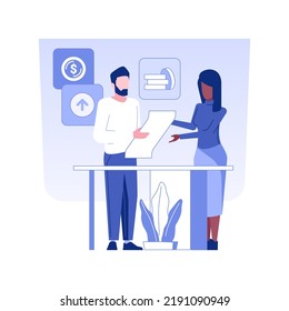 Small business loan isolated concept vector illustration. Businessman get small business loan check, investment idea, startup project finance, raising money, funding company vector concept.