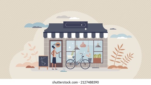 Small Business And Local Store With Boutique Storefront Tiny Person Concept. Open Grocery Or Cafe Place With Happy Customer Vector Illustration. Shop Front Exterior View With Family Restaurant Owner.