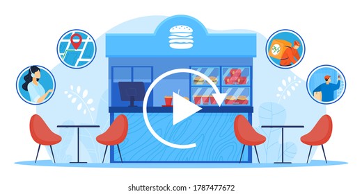 Small business, local store reload vector illustration. Cartoon flat storefront market stall with food products, cafe shop restaurant starting work, reloading business after crisis isolated on white