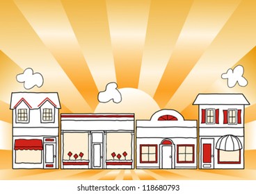 Small Business Main Street. Downtown local community shops and neighborhood stores, gold ray background, copy space. 