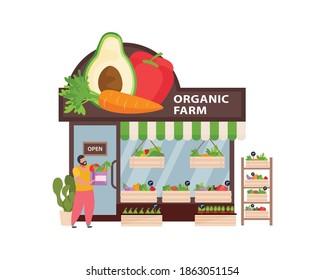 Small business with man and his organic farm shop flat vector illustration