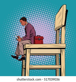 Small Business Man On The Big Chair, And Smartphone, Pop Art Retro Vector Illustration