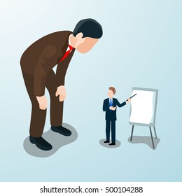 Small business man presenting something to big business man.