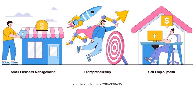 Small business management, entrepreneurship, self-employment concept with character. Business ownership abstract vector illustration set. Entrepreneurial spirit, small business journey metaphor.