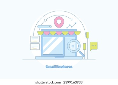 Small business marketing, Small business using digital marketing strategy, Store location on search result, Business reviews - vector illustration outline background with icons 