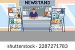 Small business. Newspapers and magazines trading. Salesman at street shop counter. Outdoor store showcase. Local urban kiosk. Vendor selling journals. Building facade. Vector illustration