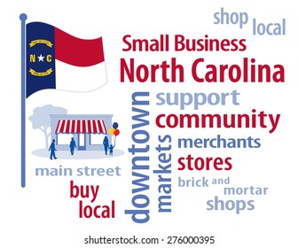 Small Business North Carolina, shop at local, community stores and markets. Red, white, blue and gold Tar Heel State flag of the United States of America, word cloud illustration. EPS8 compatible.