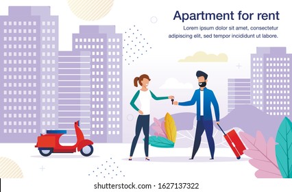 Small Business Opportunity, Contemporary Apartments for Rent Offer Trendy Flat Vector Advertising Banner, Promo Poster Template. Woman, Property Female Owner Giving Key to Tenant, Renter Illustration