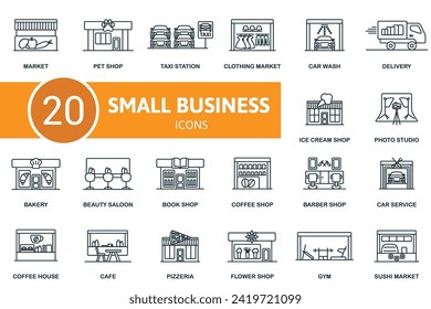 Small business outline icons set. Creative icons: market, pet shop, taxi station, clothing market, car wash, delivery, ice cream shop, photo studio and more