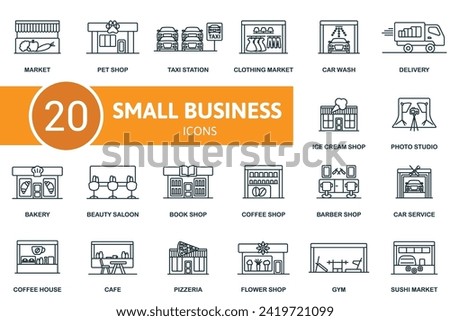 Small business outline icons set. Creative icons: market, pet shop, taxi station, clothing market, car wash, delivery, ice cream shop, photo studio and more