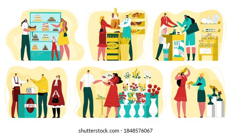 Small business with owner businessman at work, set of vector illustrations. Flower kiosk, coffee shop, bakery and art store. Small business service, occupation concept. Own shop or cafe.