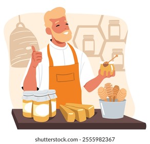 Small business owner character selling honey in jar showcasing and promoting organic homemade apiculture products at marketplace scene. Apiarists startup project advertisement vector illustration