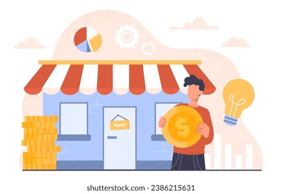 Small business owner concept. Man with golden coin at background of building. Entrepreneur near store, market or shop. Financial literacy and occupation. Cartoon flat vector illustration