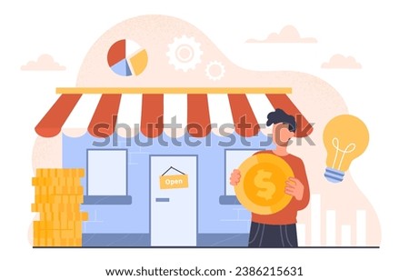 Small business owner concept. Man with golden coin at background of building. Entrepreneur near store, market or shop. Financial literacy and occupation. Cartoon flat vector illustration