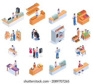 Small business owner family business isometric icon set employees at cafeteria and store counters vector illustration