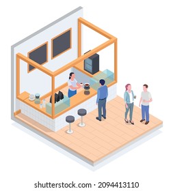 Small business owner family business isometric colored composition bar in coffee shop and visitors vector illustration