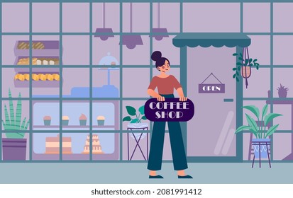 Small business owner. Girl stands in store with sign in her hands. Aspiring entrepreneur opens his own establishment. New cafeteria or restaurant, businesswoman. Cartoon flat vector illustration