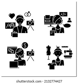 Small business owner glyph icons set. Wedding and stock photographer, web development, tailoring. Professions concept. Filled flat signs. Isolated silhouette vector illustrations