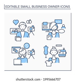 Small business owner line icons set. Wedding and stock photographer, web development, tailoring. Professions concept. Isolated vector illustrations. Editable stroke