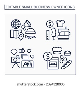 Small business owner line icons set. Individual entrepreneur. Baking, wedding photographer, tour guide, tailoring. Professions concept. Isolated vector illustrations. Editable stroke