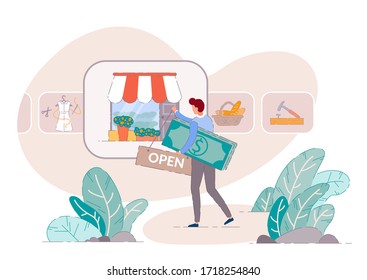 Small Business Owner. Retail Store Concept Of Start Up Owen Business. Small Business Owner Open Shop After Loan Aprproval. Entrepreneur Open Shop Sign With Money. Man Hangs Sign Openly On Shop Window.