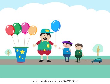 Small business owner selling balloon to children. Editable Clip Art.