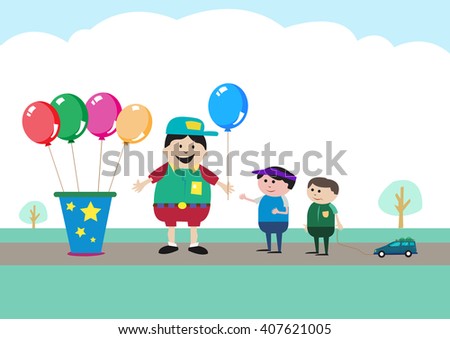 Small business owner selling balloon to children. Editable Clip Art.