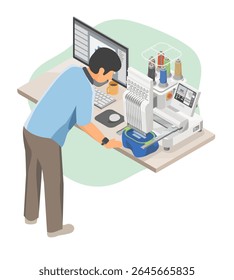Proprietário de pequena empresa que estabelece uma máquina de bordar com software digital para iniciar um serviço de design têxtil personalizado a partir de casa