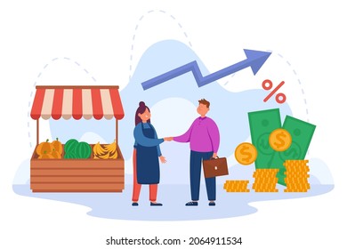 Small Business Owner Shaking Hands With Money Lender. Female Entrepreneur Getting Loan Without Collateral Bank Employee Flat Vector Illustration. Banking, Support, Investment Concept For Banner