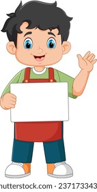 Small business owner smiling in barista apron holding empty sign of illustration