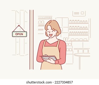  small business owner smiling and standing with crossed arms outside the cafe. Hand drawn style vector design illustrations.