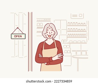  small business owner smiling and standing with crossed arms outside the cafe. Hand drawn style vector design illustrations.