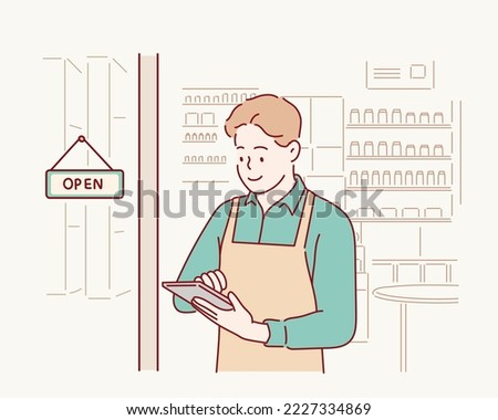  small business owner smiling and standing with crossed arms outside the cafe. Hand drawn style vector design illustrations.