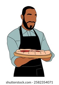 Small business owner wearing apron holding, presenting pizza. Outline hand drawn vector illustration isolated on white background