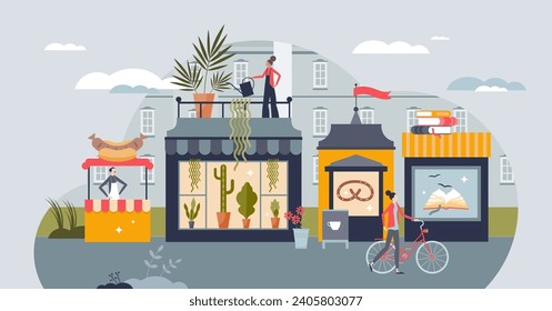 Small business owners and local places for retail shops tiny person concept. Boutique startup entrepreneurship with cafe, fast food kiosk, bakery or florist vector illustration. Professional service.