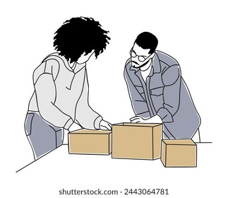 Small business owners packaging orders vector art.