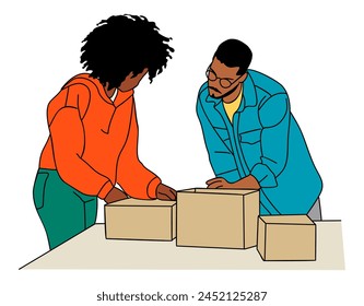 Pequeños propietarios de negocios de embalaje de pedidos de Arte vectorial.