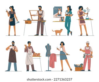 Small business owners and professionals vector illustration set. Young men and women in local businesses.