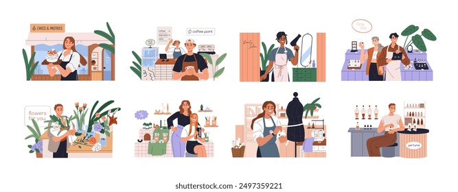 Conjunto de Pequeños dueños de negocios. Empresarios felices que poseen la panadería, la cafetería, el salón de belleza, el perfume de la artesanía, las tiendas de flores y la fabricación de ropa. Ilustración vectorial plana aislada sobre fondo blanco