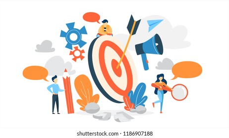 Small business people standing around a huge target. Idea of business goal and arrow as a metaphor of achievement and success. Flat vector illustration