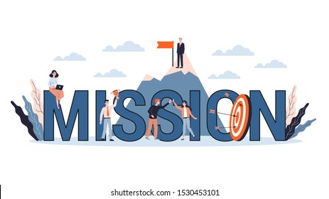 Small business people standing around a huge target. Idea of business goal and arrow as a metaphor of achievement and success. Flat illustration
